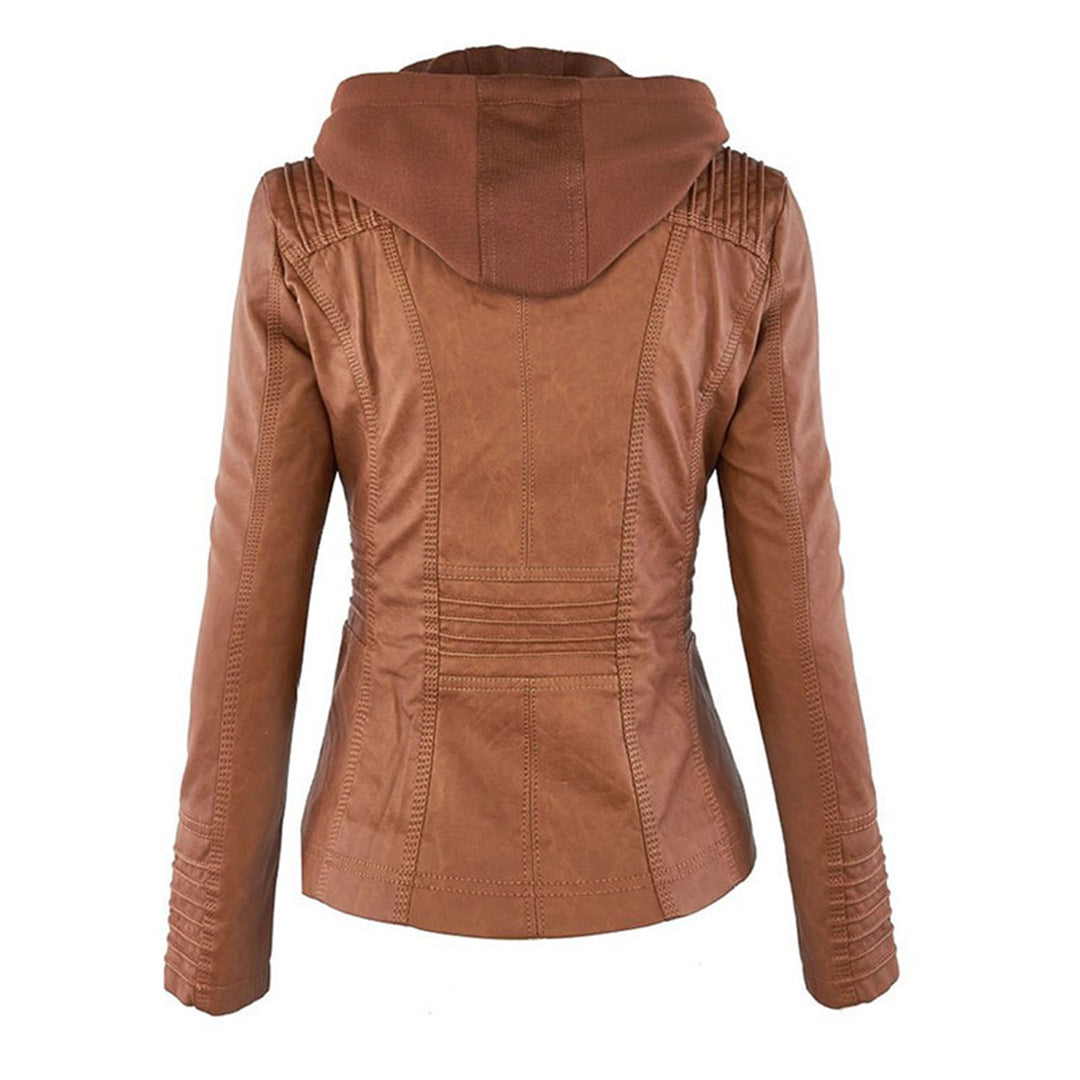 Faux Leather Moto Jacket Women – Removable Hood Zip-Up Biker Jacket