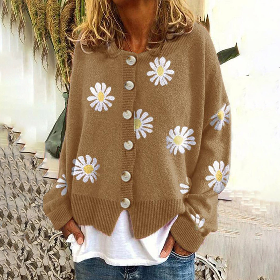 Daisy Floral Knit Cardigan – Button-Down Long Sleeve Sweater