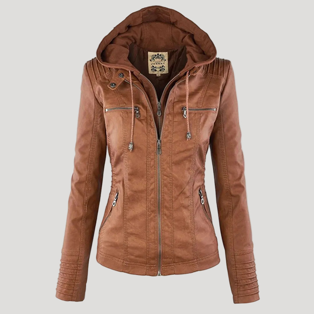 Faux Leather Moto Jacket Women – Removable Hood Zip-Up Biker Jacket