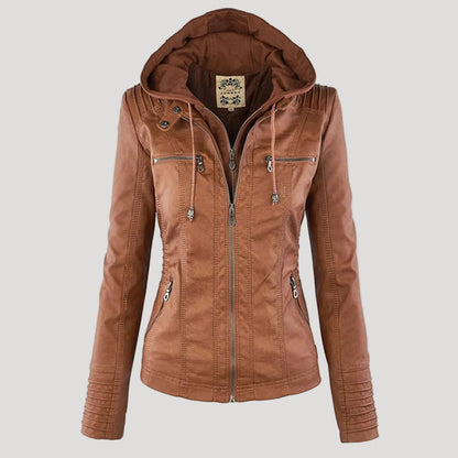 Faux Leather Moto Jacket Women – Removable Hood Zip-Up Biker Jacket