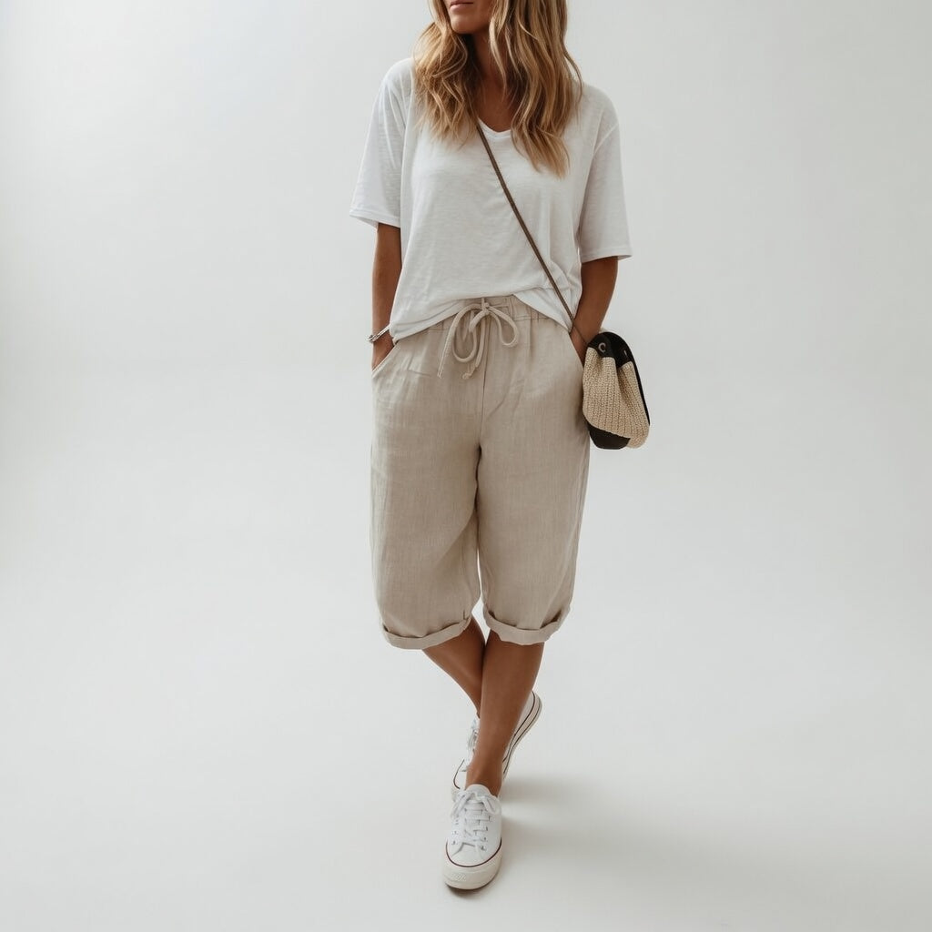 Cotton Linen Capri Pants – Wide Leg Drawstring Cuffed Summer