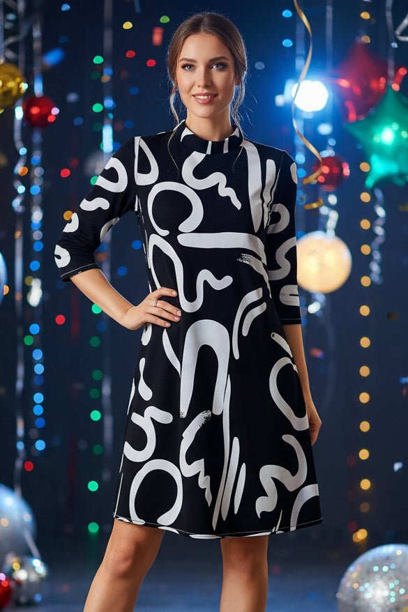 Abstract Print A-Line Midi Dress – Mock Neck 3/4 Sleeve