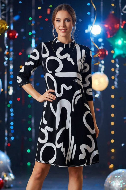 Abstract Print A-Line Midi Dress – Mock Neck 3/4 Sleeve
