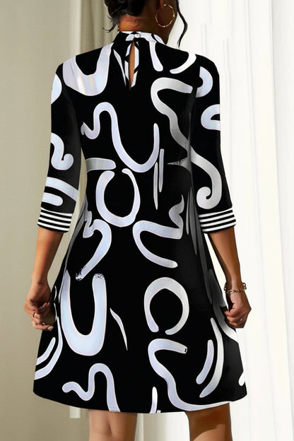 Abstract Print A-Line Midi Dress – Mock Neck 3/4 Sleeve