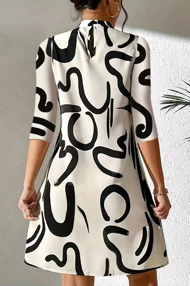 Abstract Print A-Line Midi Dress – Mock Neck 3/4 Sleeve