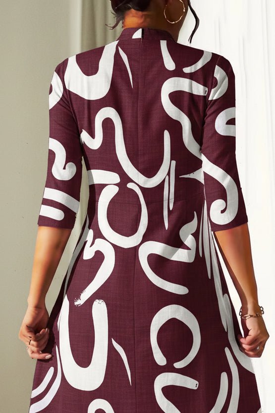 Abstract Print A-Line Midi Dress – Mock Neck 3/4 Sleeve