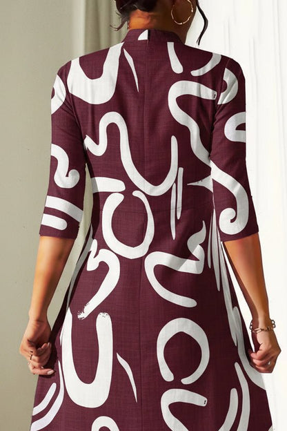 Abstract Print A-Line Midi Dress – Mock Neck 3/4 Sleeve
