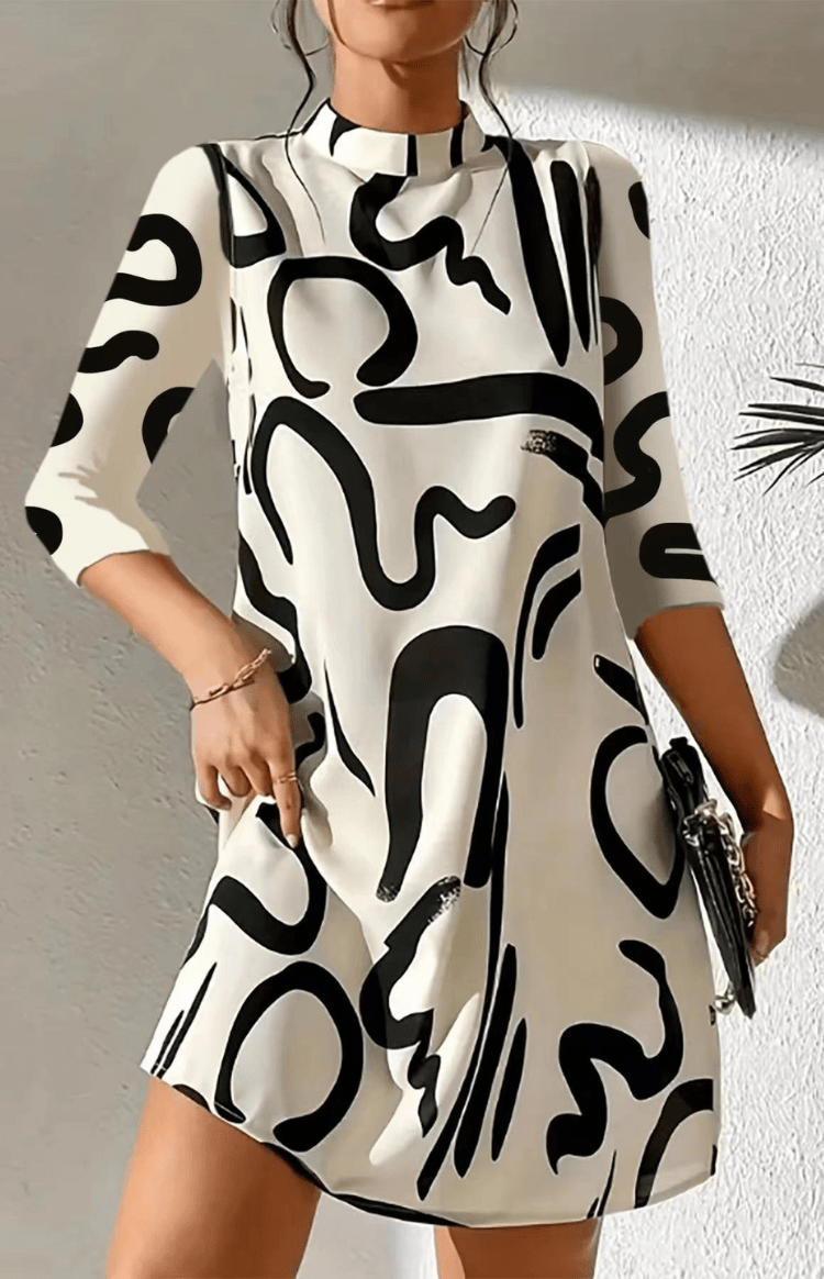 Abstract Print A-Line Midi Dress – Mock Neck 3/4 Sleeve