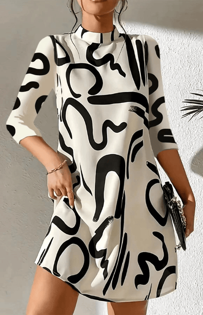 Abstract Print A-Line Midi Dress – Mock Neck 3/4 Sleeve