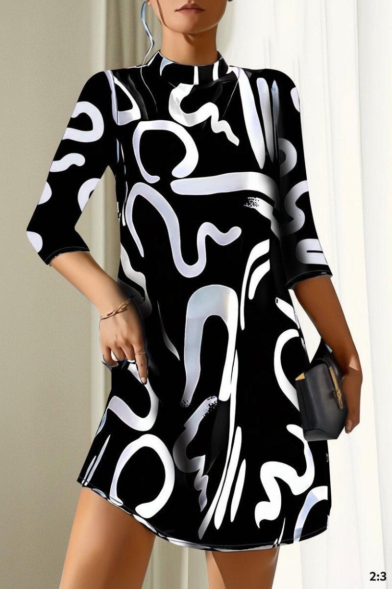 Abstract Print A-Line Midi Dress – Mock Neck 3/4 Sleeve