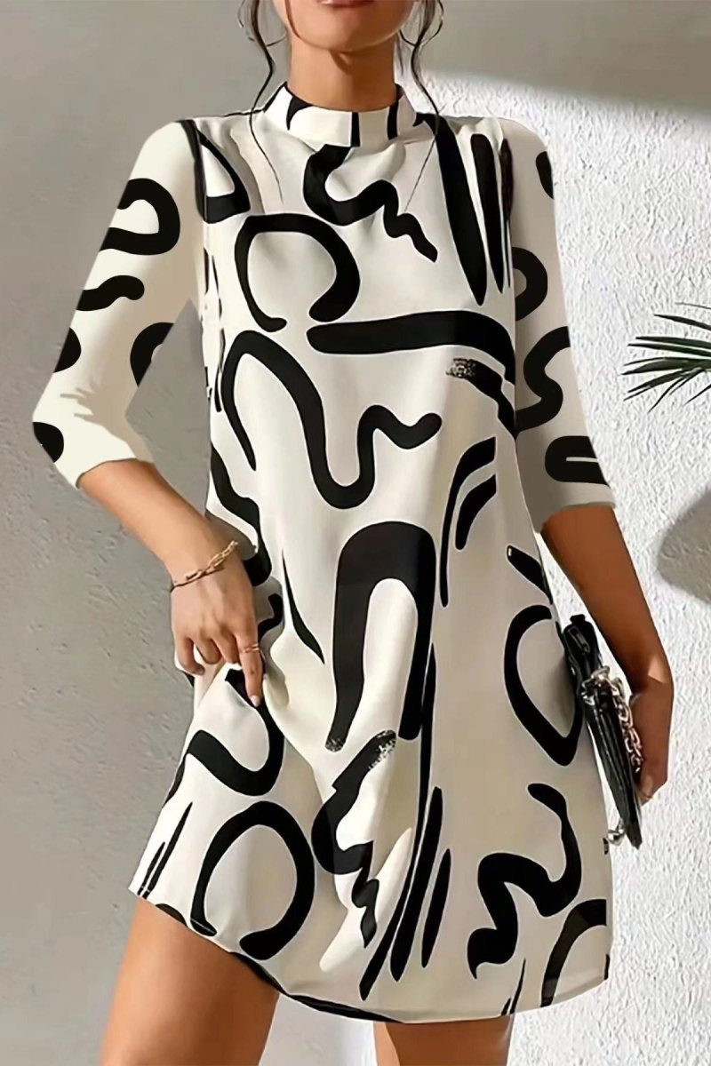 Abstract Print A-Line Midi Dress – Mock Neck 3/4 Sleeve