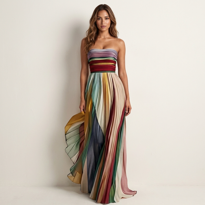 Pleated Strapless Maxi Dress – Multicolor Rainbow Stripe