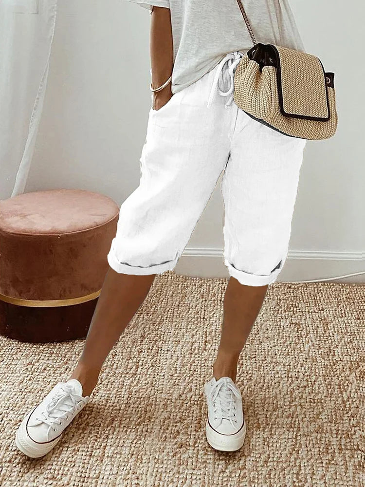 Women's Cotton Linen Capri Pants – Relaxed Fit Cropped Trousers with Drawstring Waist