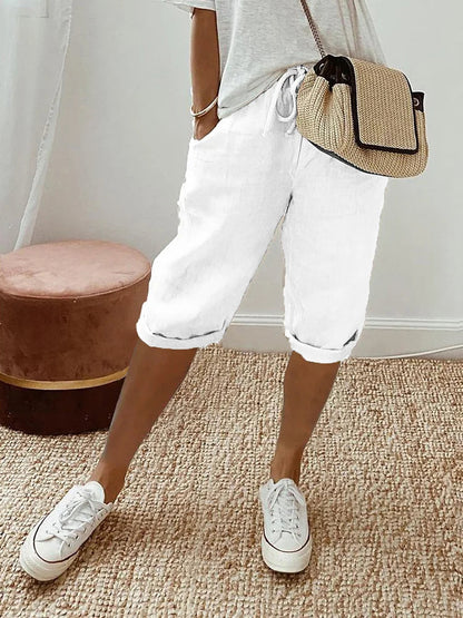 Women's Cotton Linen Capri Pants – Relaxed Fit Cropped Trousers with Drawstring Waist