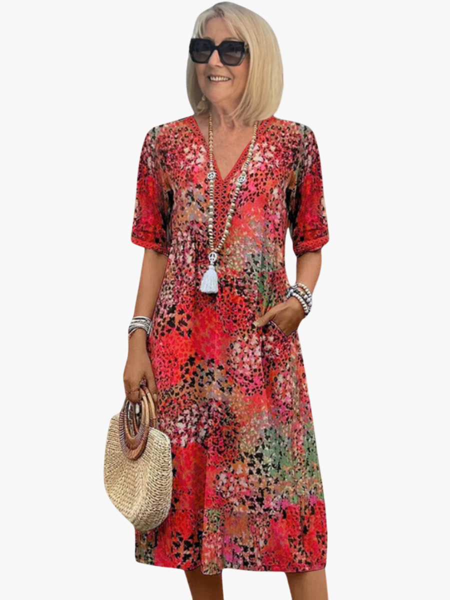 Boho Print Midi Dress – V-Neck Short Sleeve A-Line Summer Dress