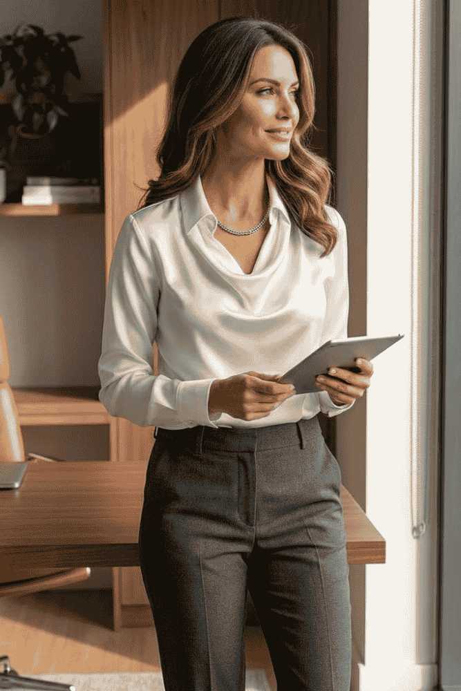 Satin Cowl Neck Blouse – Long Sleeve Work to Evening Top