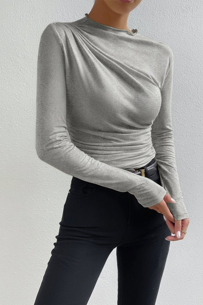 Ruched Long Sleeve Top – Mock Neck Slim Fit Everyday Top