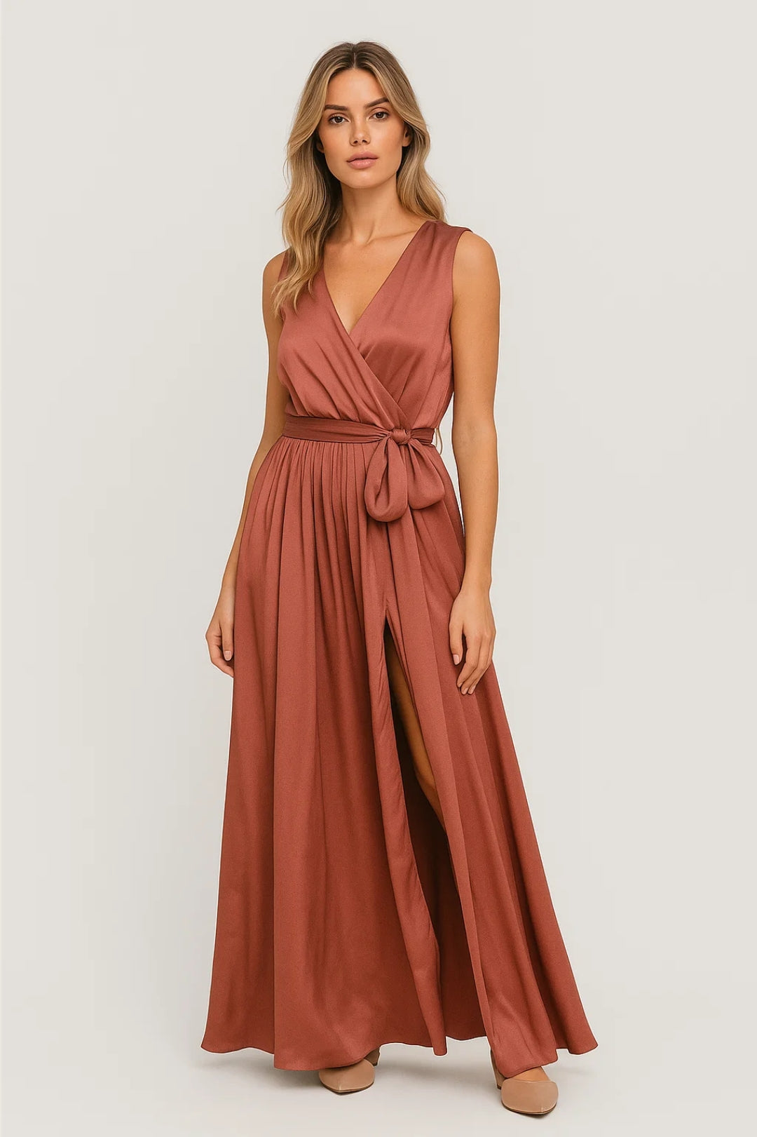 Wrap Maxi Dress – Sleeveless V-Neck A-Line with Front Slit
