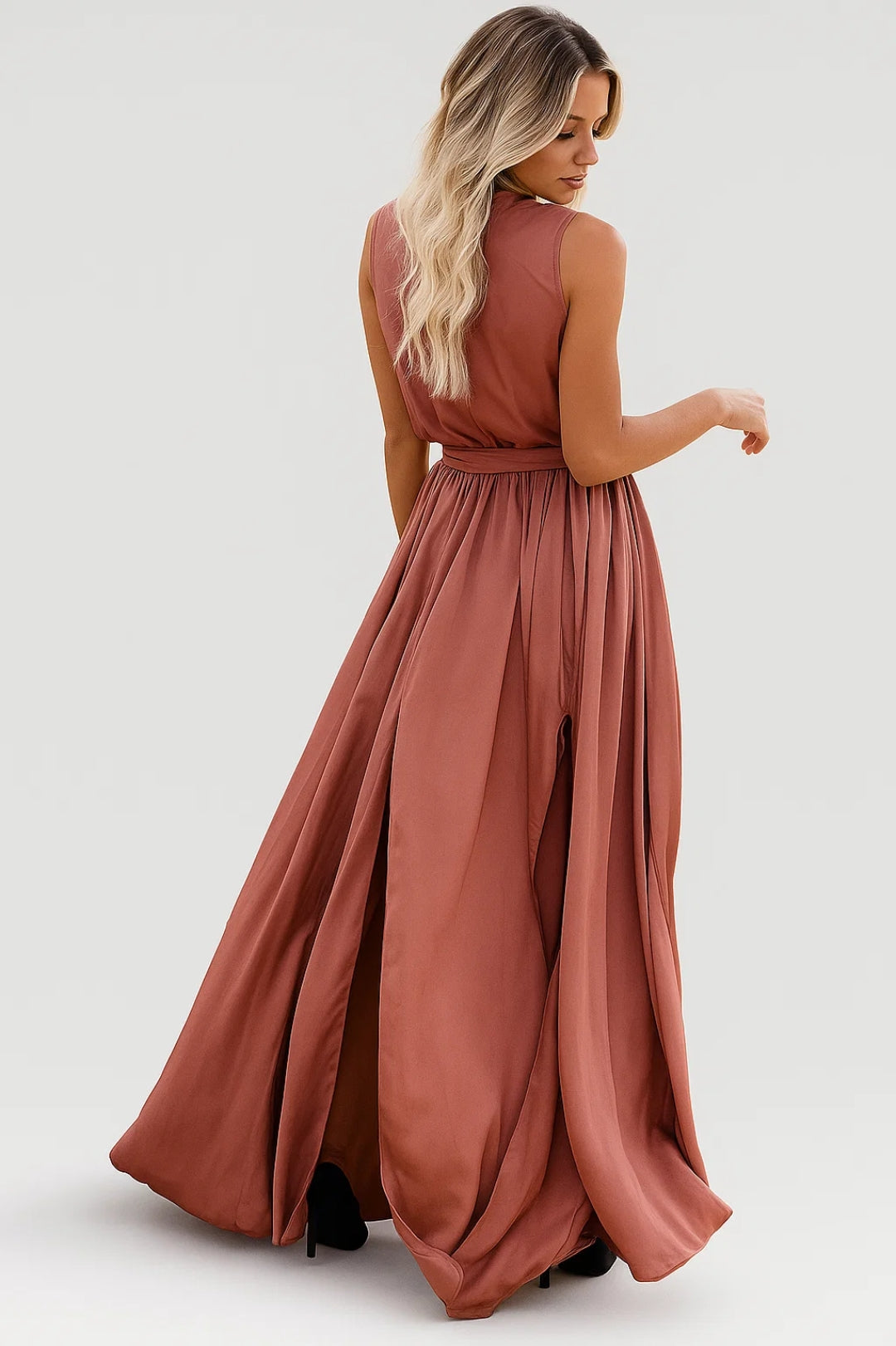 Wrap Maxi Dress – Sleeveless V-Neck A-Line with Front Slit
