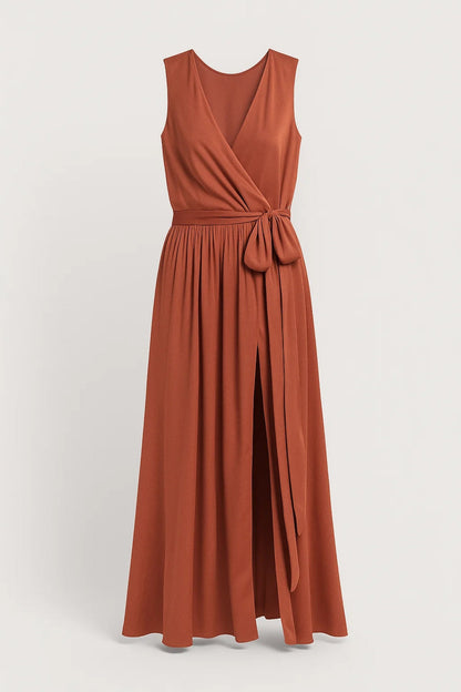 Wrap Maxi Dress – Sleeveless V-Neck A-Line with Front Slit