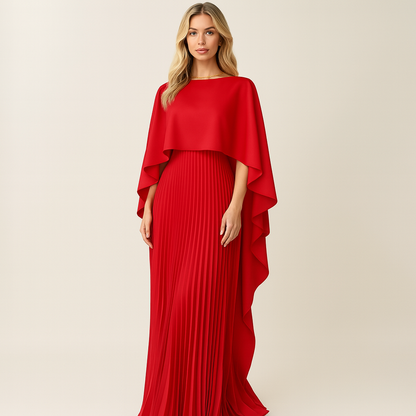 Cape Overlay Pleated Maxi Dress – Formal Evening Dress