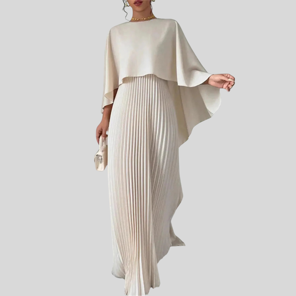 Cape Overlay Pleated Maxi Dress – Formal Evening Dress