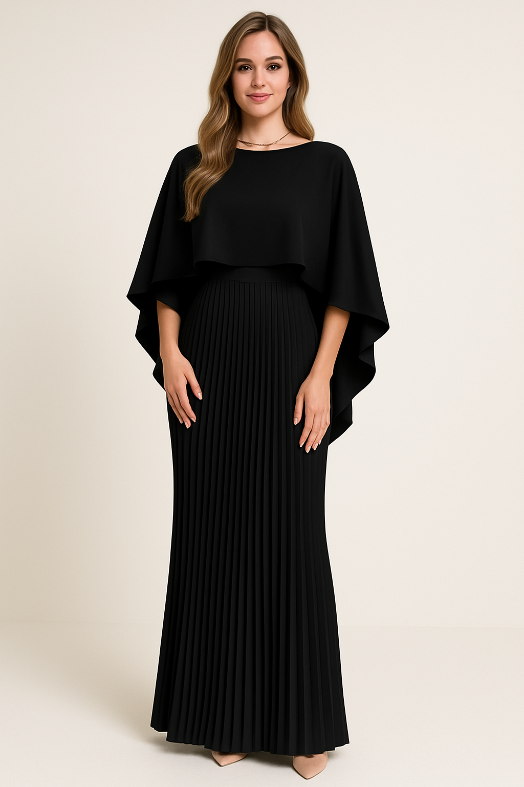 Cape Overlay Pleated Maxi Dress – Formal Evening Dress