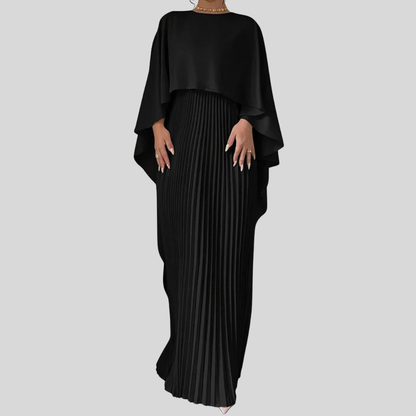 Cape Overlay Pleated Maxi Dress – Formal Evening Dress
