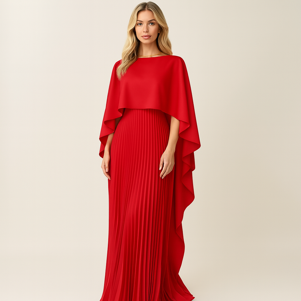 Cape Overlay Pleated Maxi Dress – Formal Evening Dress