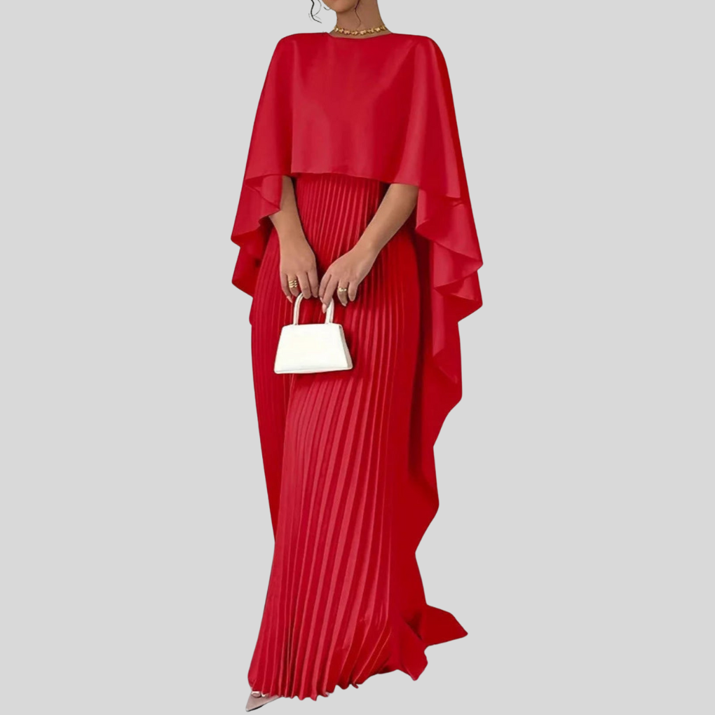 Cape Overlay Pleated Maxi Dress – Formal Evening Dress