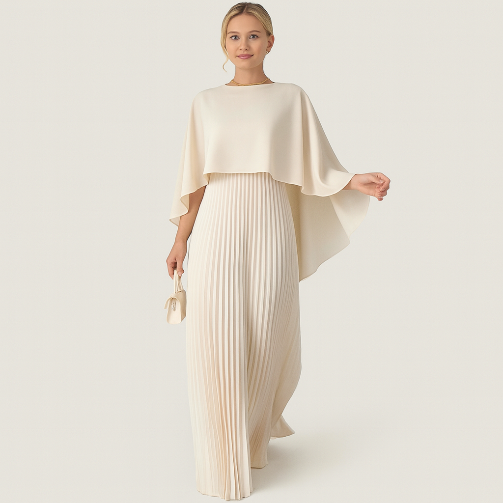 Cape Overlay Pleated Maxi Dress – Formal Evening Dress