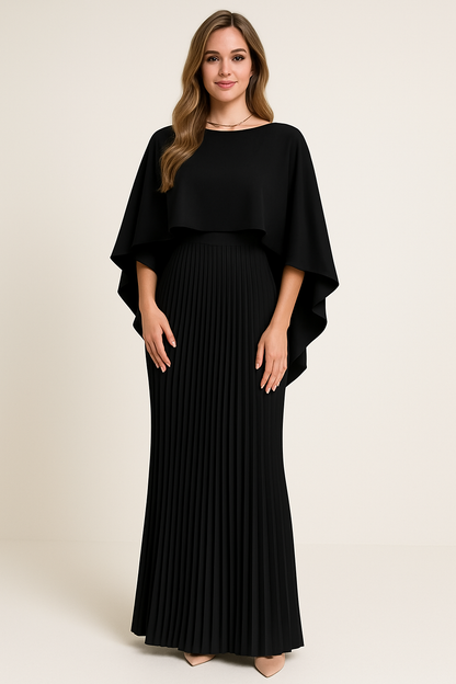 Cape Overlay Pleated Maxi Dress – Formal Evening Dress