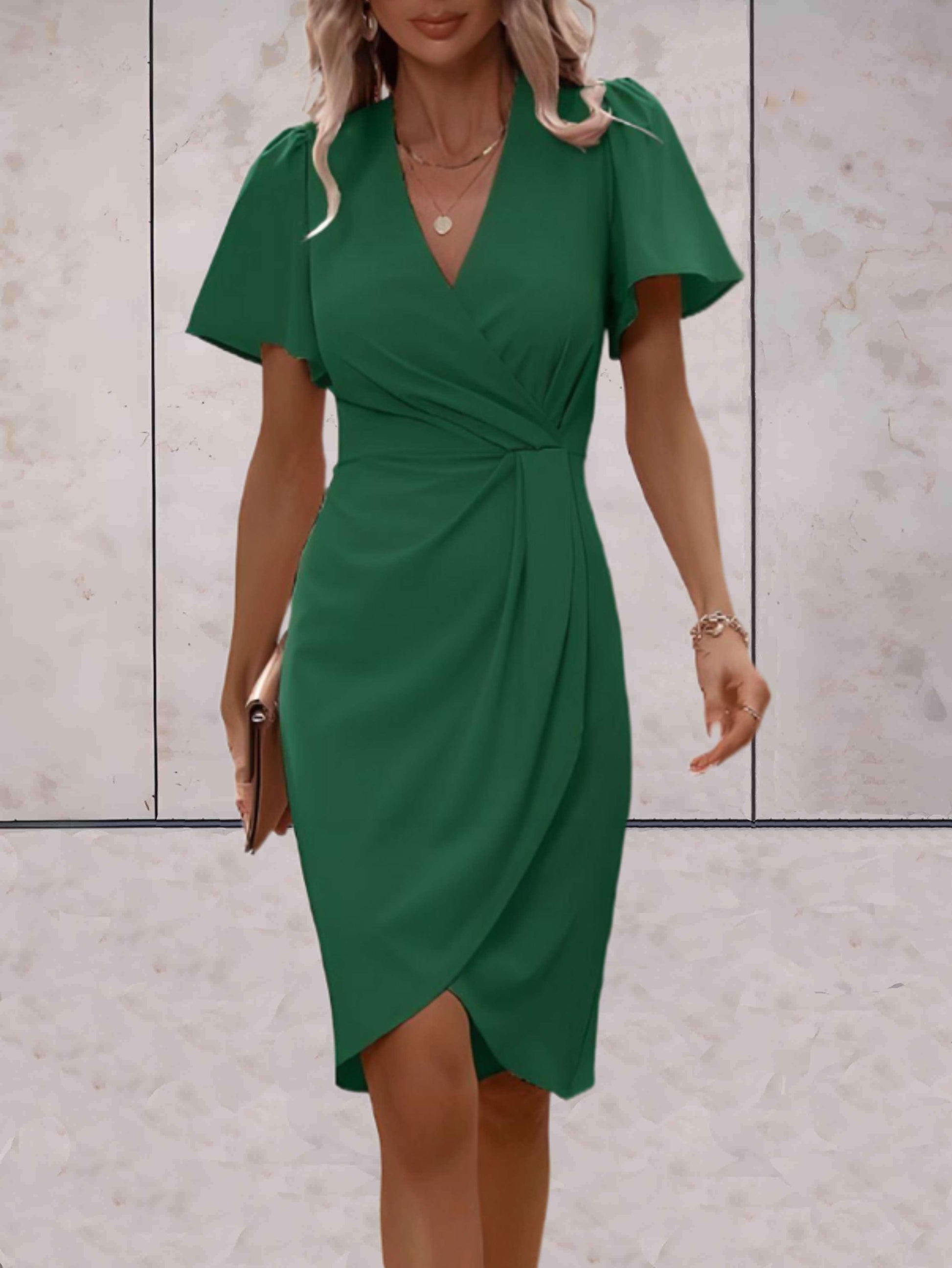 Wrap Midi Dress with Flutter Sleeves – V-Neck Ruched Waist
