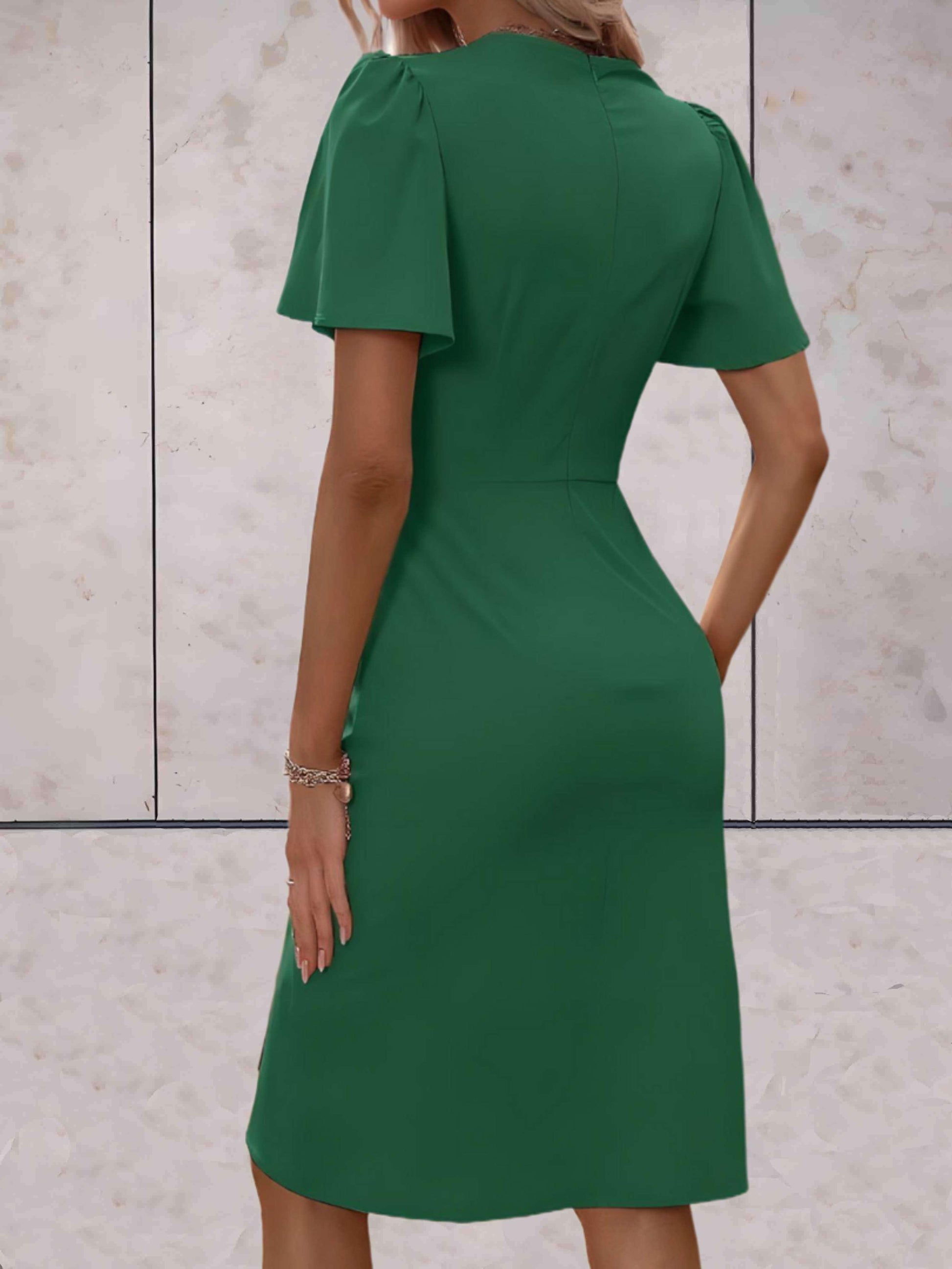 Wrap Midi Dress with Flutter Sleeves – V-Neck Ruched Waist