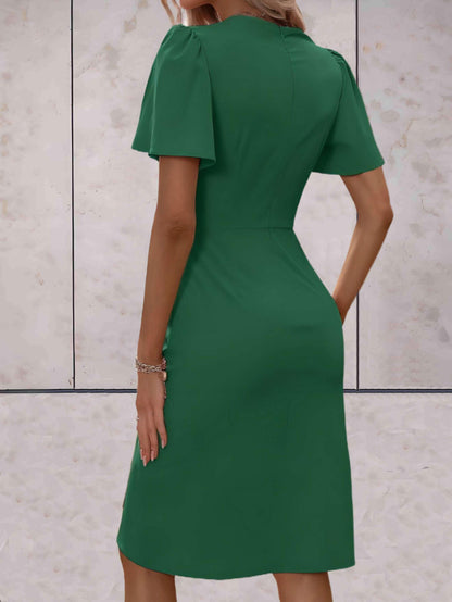 Wrap Midi Dress with Flutter Sleeves – V-Neck Ruched Waist
