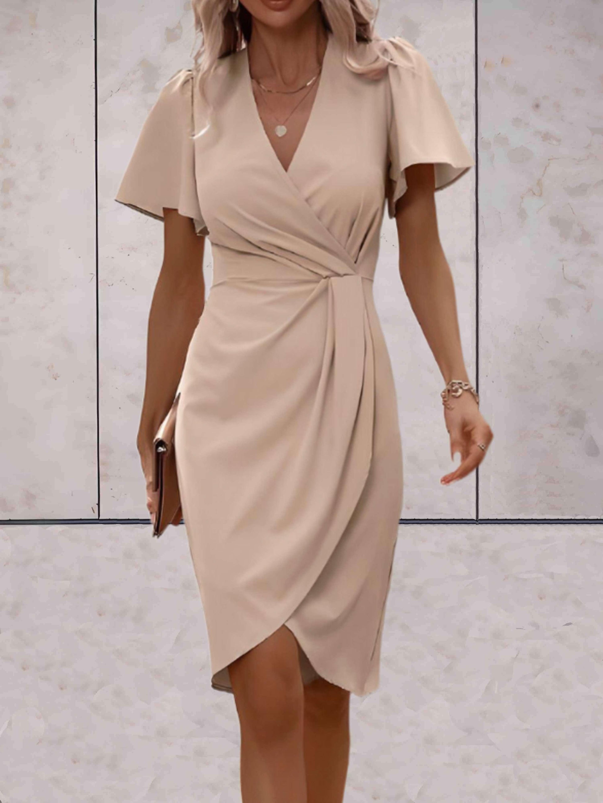 Wrap Midi Dress with Flutter Sleeves – V-Neck Ruched Waist
