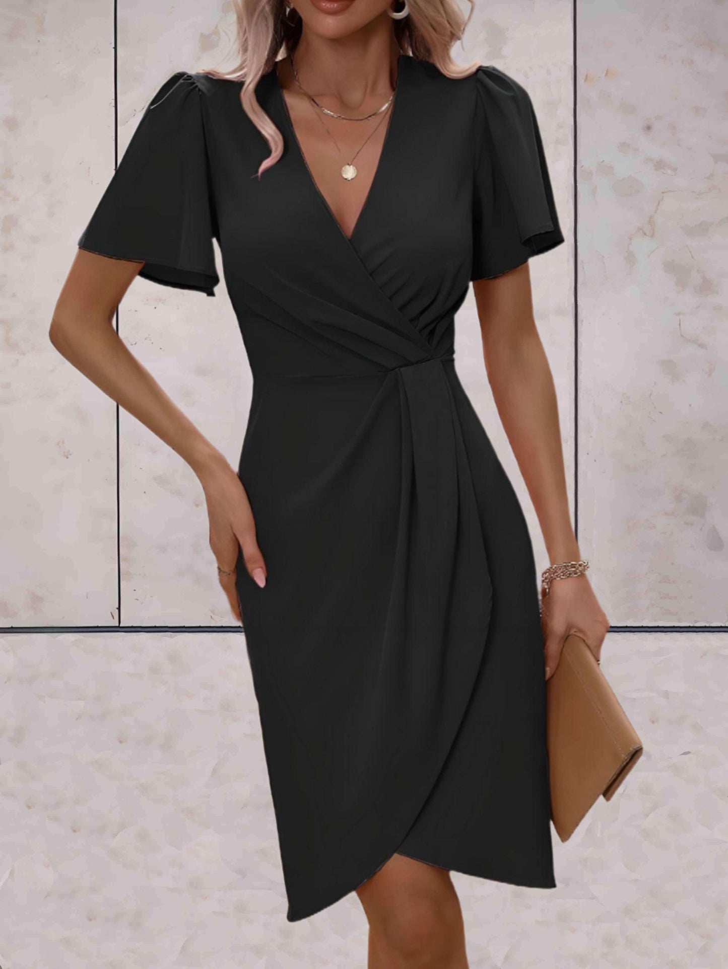 Wrap Midi Dress with Flutter Sleeves – V-Neck Ruched Waist