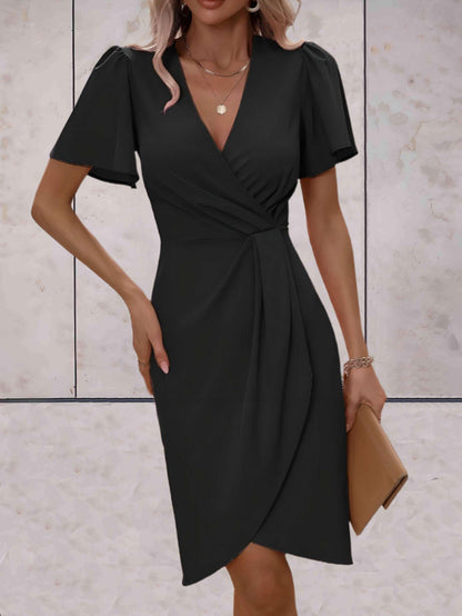Wrap Midi Dress with Flutter Sleeves – V-Neck Ruched Waist