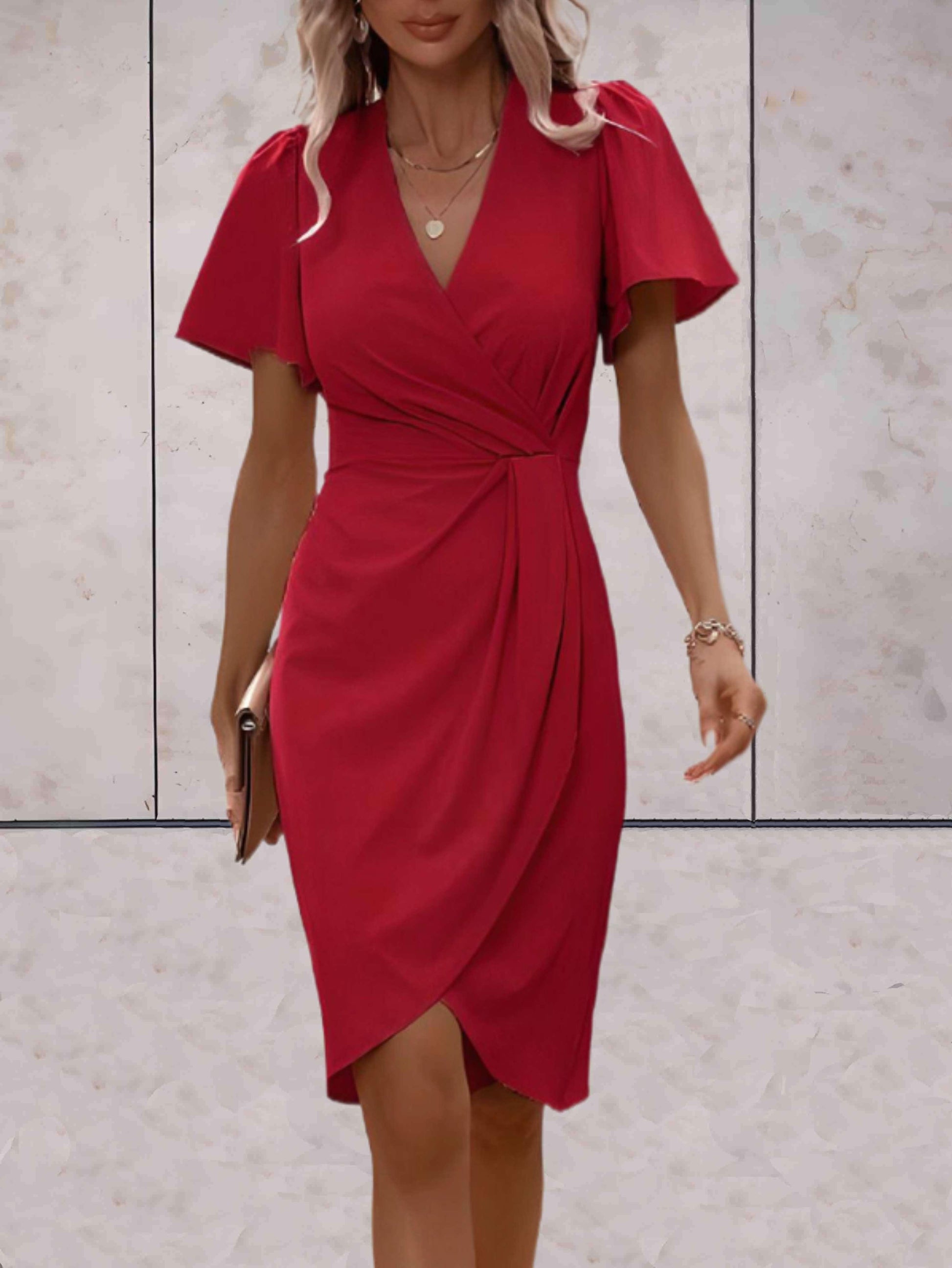 Wrap Midi Dress with Flutter Sleeves – V-Neck Ruched Waist