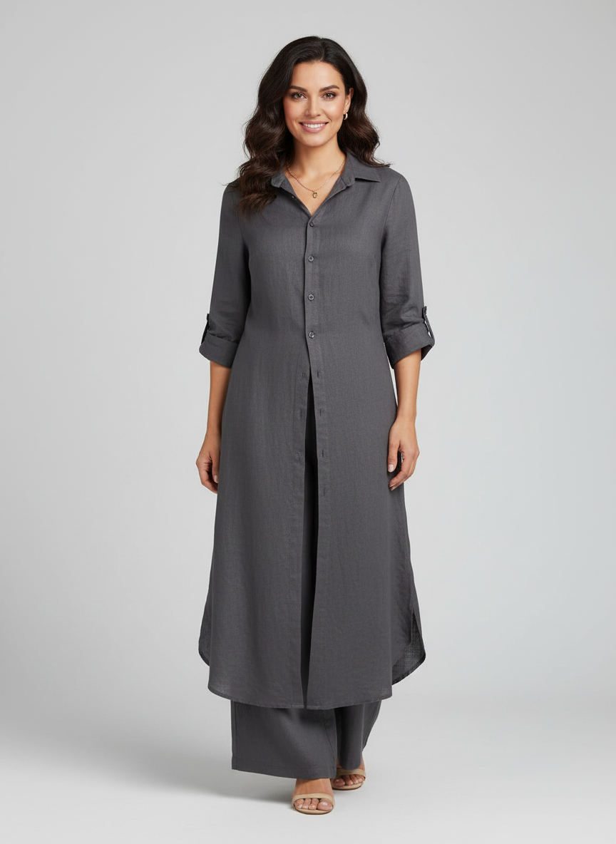 Linen Two-Piece Set – Button-Front Maxi Shirt Wide-Leg Pants