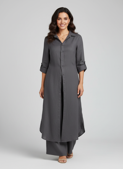 Linen Two-Piece Set – Button-Front Maxi Shirt Wide-Leg Pants