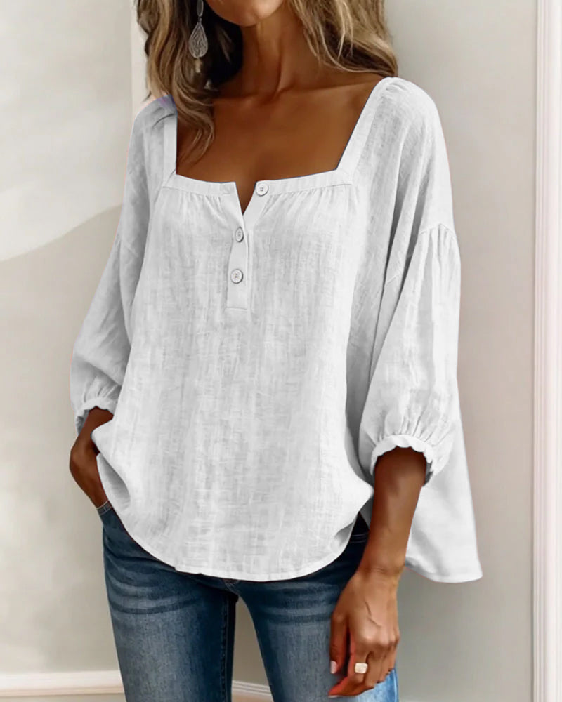 Linen Square Neck Blouse – Women's Puff Sleeve Relaxed Fit Top