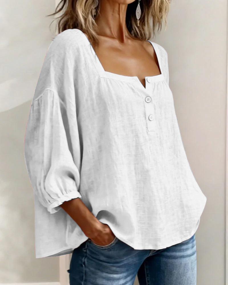 Linen Square Neck Blouse – Women's Puff Sleeve Relaxed Fit Top