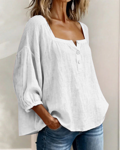 Linen Square Neck Blouse – Women's Puff Sleeve Relaxed Fit Top