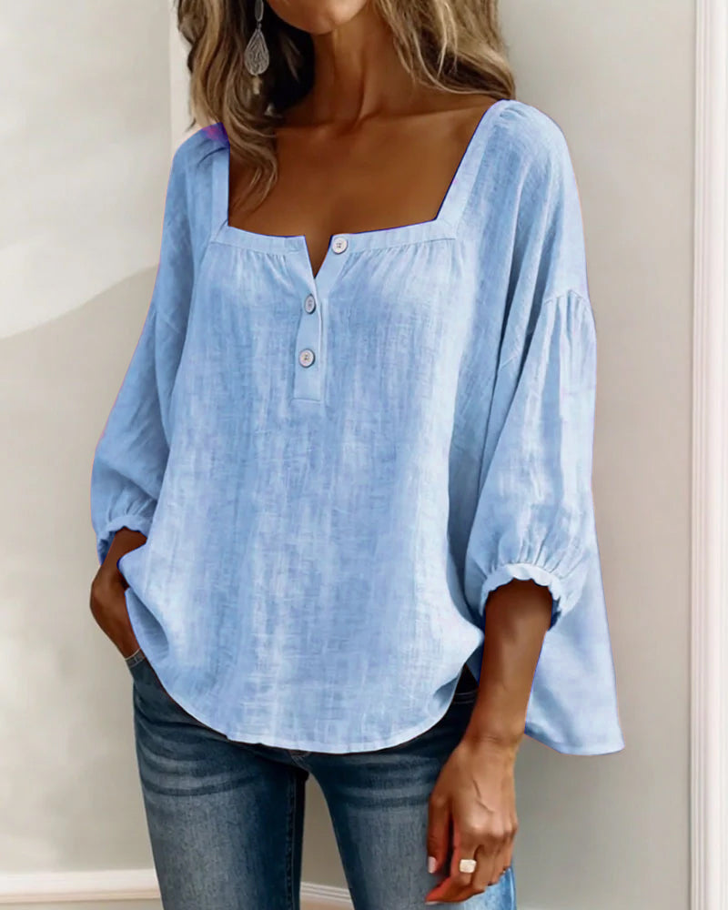 Linen Square Neck Blouse – Women's Puff Sleeve Relaxed Fit Top