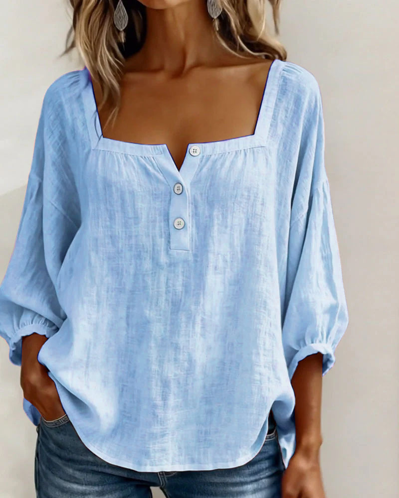 Linen Square Neck Blouse – Women's Puff Sleeve Relaxed Fit Top