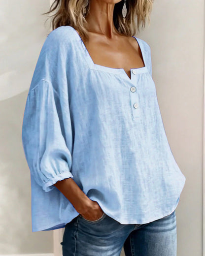 Linen Square Neck Blouse – Women's Puff Sleeve Relaxed Fit Top