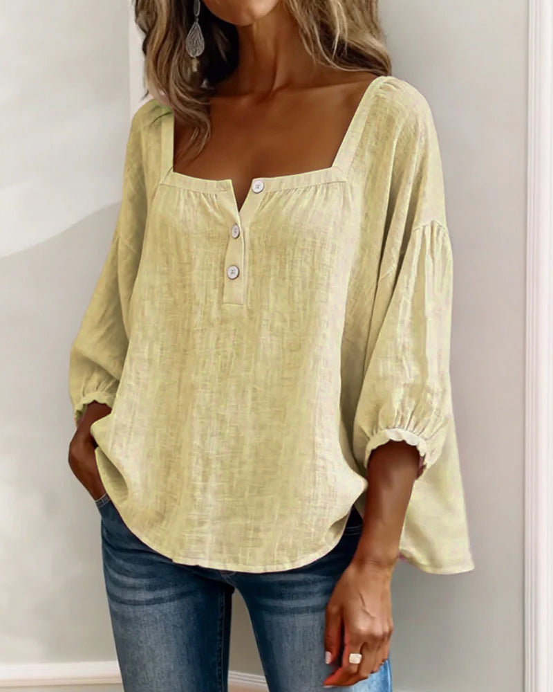 Linen Square Neck Blouse – Women's Puff Sleeve Relaxed Fit Top