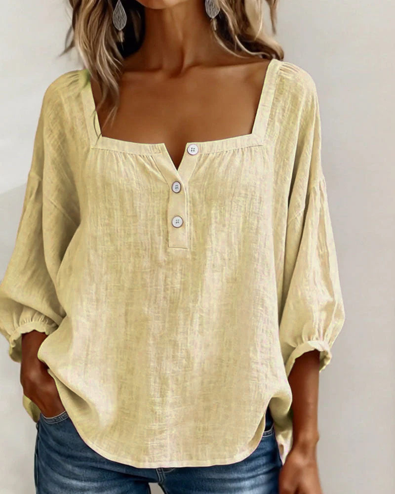 Linen Square Neck Blouse – Women's Puff Sleeve Relaxed Fit Top