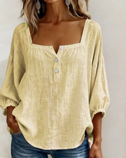 Linen Square Neck Blouse – Women's Puff Sleeve Relaxed Fit Top